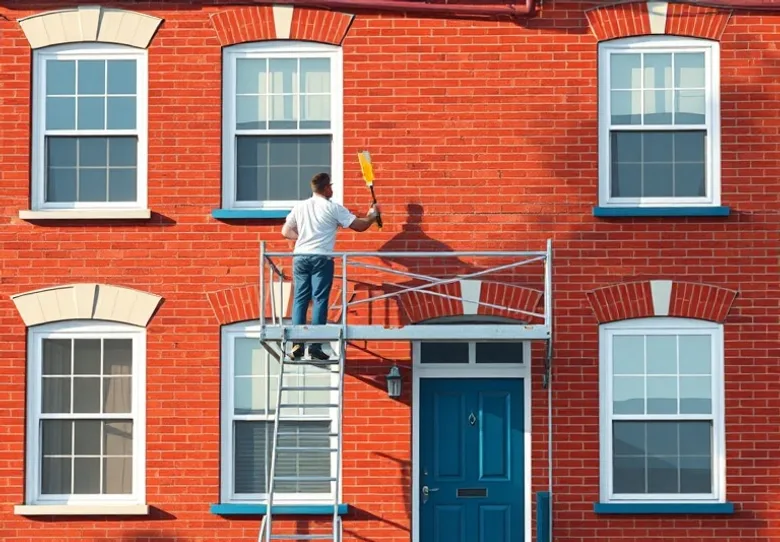 Peintre sur échafaudage traitant la façade d'une maison